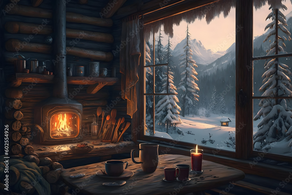 Cozy Cabin In The Woods Surrounded By Snow, Winter Background Stock ...