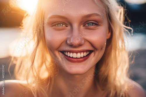 Beautiful portrait of blond girl at beach. Generative AI