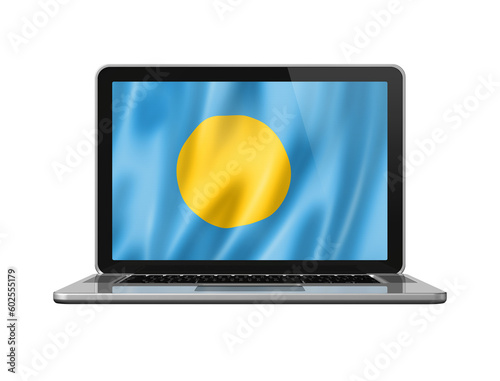 Palau flag on laptop screen isolated on white. 3D illustration