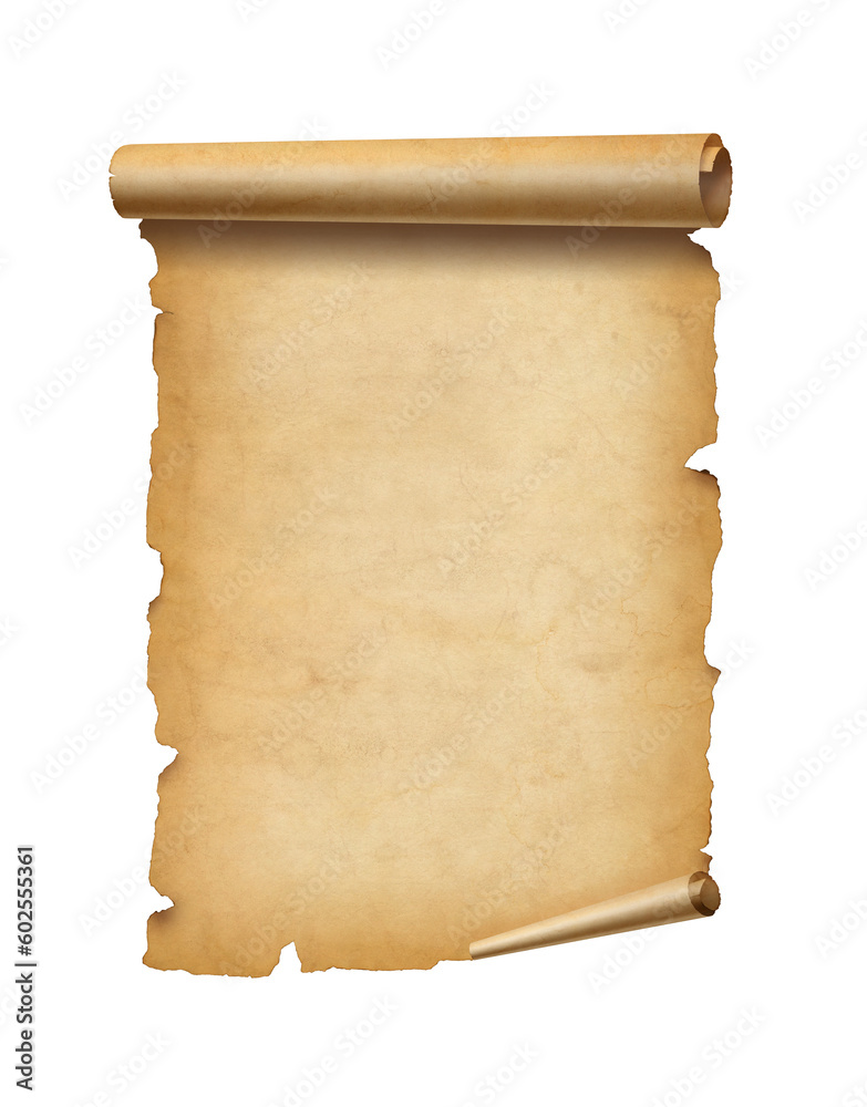 Old mediaeval paper sheet. Parchment scroll isolated on white - obrazy, fototapety, plakaty 