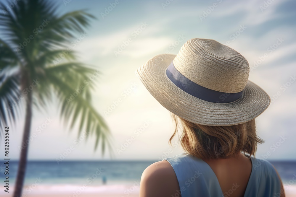 Woman with Hat Admiring the Ocean. Generative AI