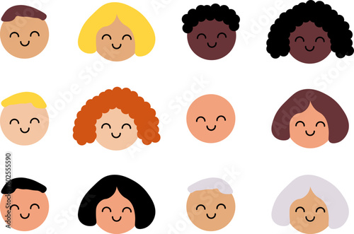People smiling emoji, vector. Vector illustration of diverse cartoon men and women of different races and ages.