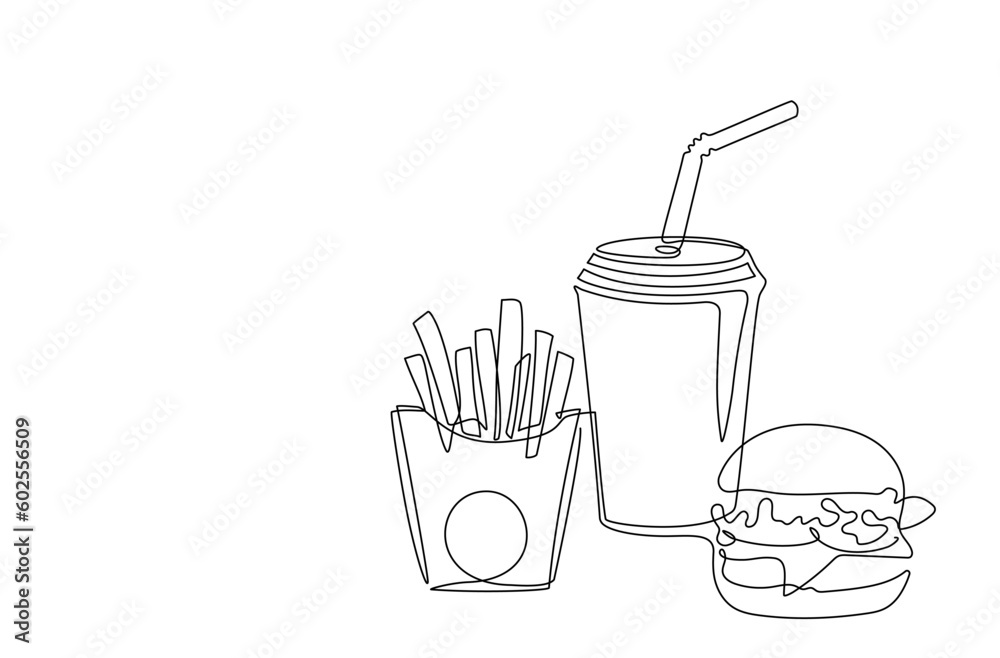 Set of fast food with french fries, hamburger, hot dog, soda in continuous one line art drawing style. Street food. Single line. Takeout food, junk food linear color sketch for menu, banner, poster Set of fast food with french fries, hamburger, hot dog, soda in continuous one line art drawing style. Street food. Single line. Takeout food, junk food linear color sketch for menu, banner, poster