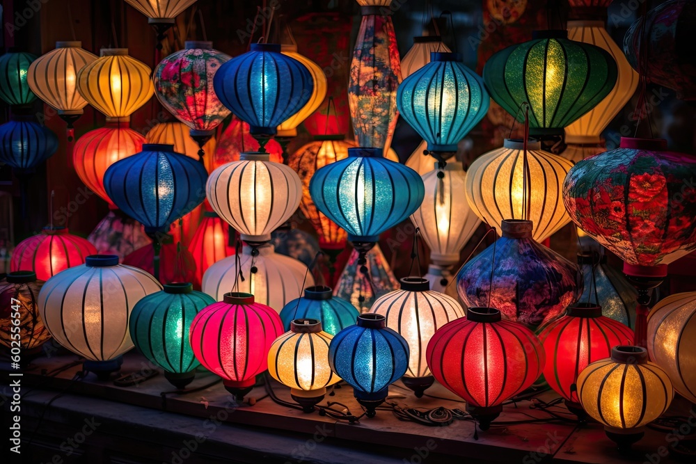Paper colored lanterns on the streets of the old town. Generative AI