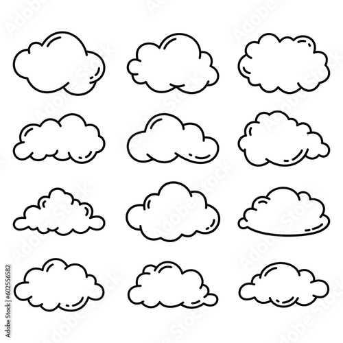 set of black line cloud on white background