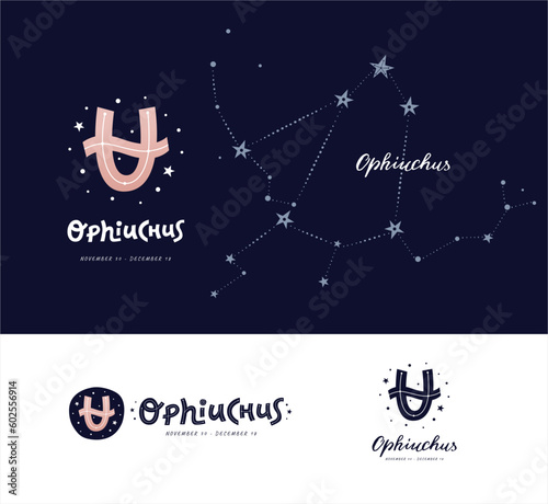 Constellation of Ophiuchus, zodiacal symbol and hand lettering with dates. Vector illustration EPS 10.