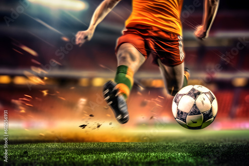 Soccer player with ball ,The focus should be on the player's foot and the ball, with motion blur in the background ai generated art Generative AI