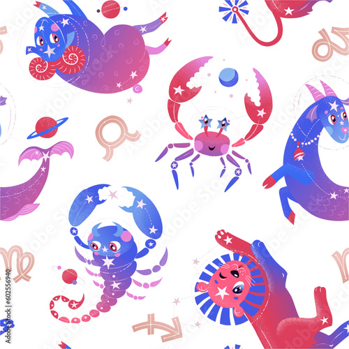 Seamless pattern with characters of zodiac circle on white background. Vector illustration EPS 10.
