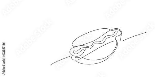One continuous line drawing of American hot dog with sausage. Single line of fast food hotdog for restaurant menu, poster or banner in simple linear style. Sketch doodle vector illustration. Line art