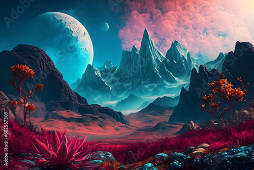 Alien Landscape With Towering Mountain And Stange Vegetation background, Outer background Series
