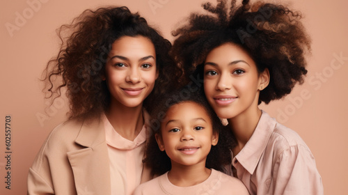 A happy mother and her daughters is beautifully captured in this heartwarming family portrait. Generative AI