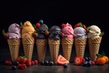 Various of ice cream flavor in cones blueberry, strawberry, pistachio, almond, orange and cherry setup on dark stone background. Ai generative.
