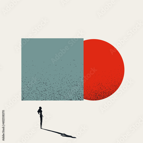 Businesswoman reveals innovation, symbolizing revealing announcement of a new idea and innovation. Minimal illustration
