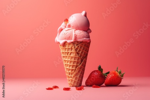 Sweet strawberry ice cream on a pink background. Ai generative.