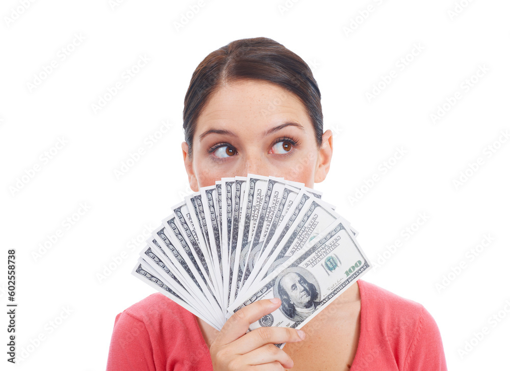 Thinking, money fan and winner with woman in studio for investment, success and growth. Cash, dollar and hmm with curious customer isolated on white background for financial, sale and planning Thinking, money fan and winner with woman in studio for investment, success and growth. Cash, dollar and hmm with curious customer isolated on white background for financial, sale and planning