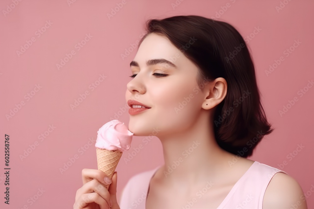 Close-up portrait attractive woman licking favorite ice cream on pink pastel background. Ai generative. Close-up portrait attractive woman licking favorite ice cream on pink pastel background. Ai generative.