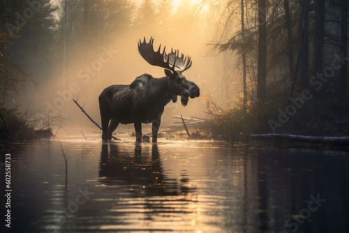 moose in the evening at water. Generative AI
