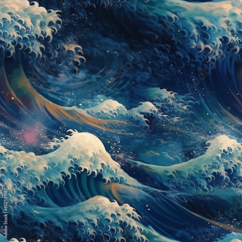 Great Wave off Kanagawa Seamless Pattern, generative AI Fototapet