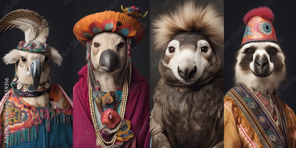Collage of animals in traditional clothing representing different cultures and customs from around, concept of Cultural representation through animal clothing, created with Generative AI technology
