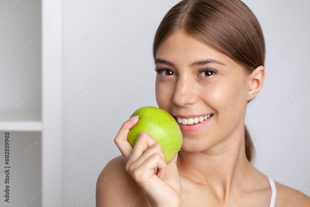 Beautiful Girl With Perfect White Teeth Holding Green Apple Smiling Beautiful Girl With Perfect White Teeth Holding Green Apple Smiling