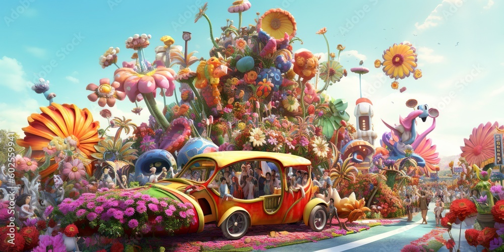 Fantasy car in the garden with flowers, a 3D rendering brought to life by Generative AI.