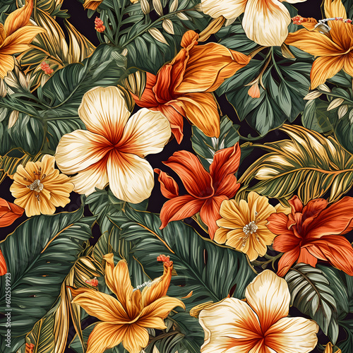 Tropical Flower leaves Hawaiian pattern Seamless Pattern  generative AI