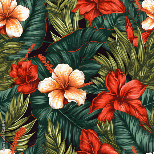 Tropical Flower leaves Hawaiian pattern Seamless Pattern  generative AI