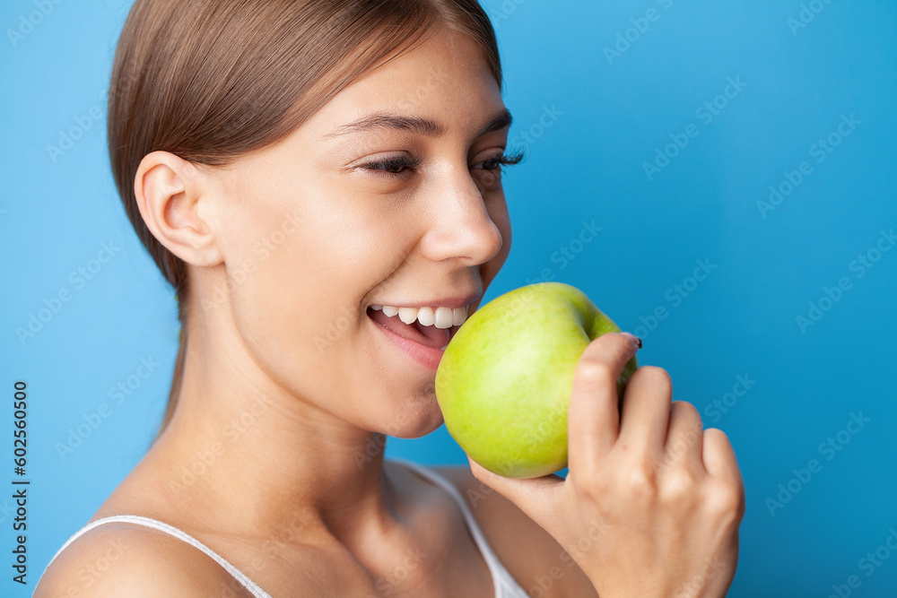 Beautiful Girl With Perfect White Teeth Holding Green Apple Smiling Beautiful Girl With Perfect White Teeth Holding Green Apple Smiling