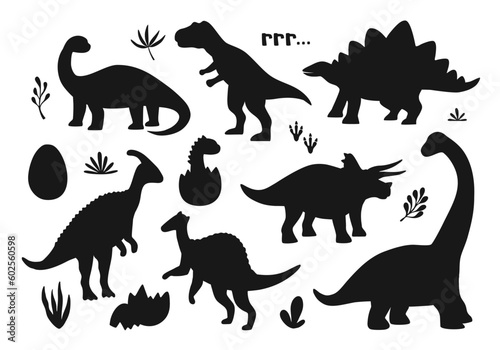 Set of different black silhouettes of various dinosaurs. Funny prehistoric wild animals. Hand drawn vector illustration isolated on white background  modern flat style