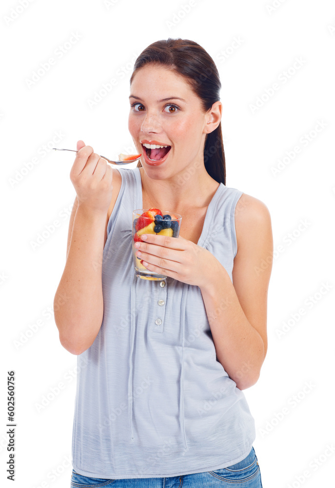 Portrait, eating woman and fruit salad glass for weight loss, health diet or body detox for wellness lifestyle. Vegan healthcare, nutritionist food or studio model girl isolated on white background Portrait, eating woman and fruit salad glass for weight loss, health diet or body detox for wellness lifestyle. Vegan healthcare, nutritionist food or studio model girl isolated on white background