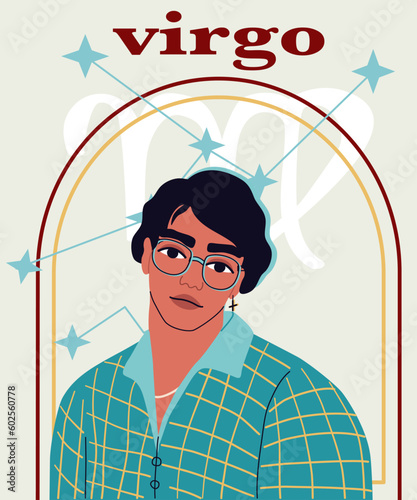 Young handsome man portrait. The guy with black hair, blue shirt. Astrological sign Virgo. A concept of zodiac sign. 