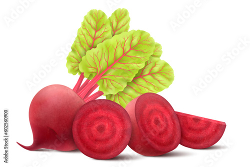 Beetroot isolated on white background. Fresh red beetroot whole, half, quarters and slices with leaves. Realistic 3d vector illustration of vegetarian food. Delicious food for salad, soup, borscht.