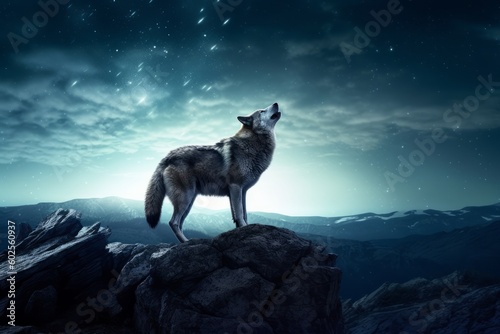 howling wolf at the moon in the mountains. Generative AI