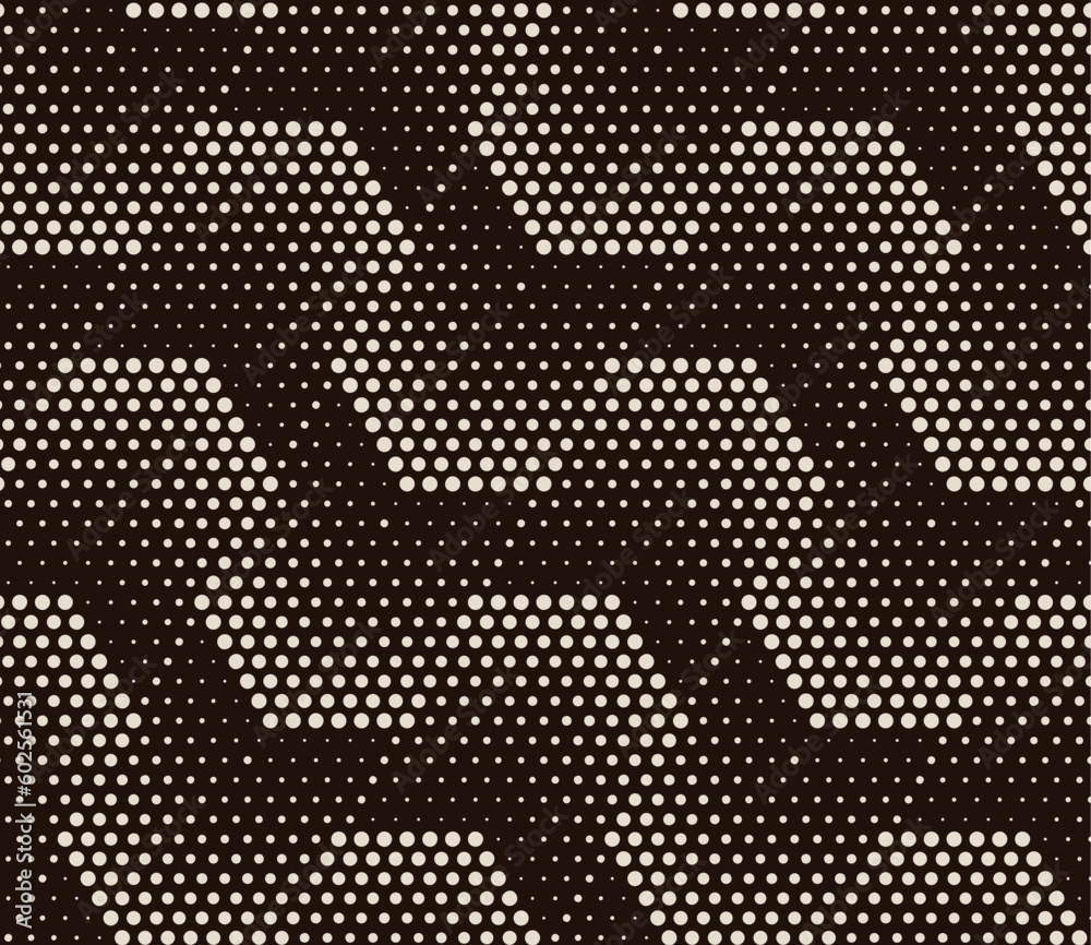 Fototapeta premium Vector pattern of hexagons and dots of different diameters on a dark background, geometric background, there are seamless fragments under the clipping mask.