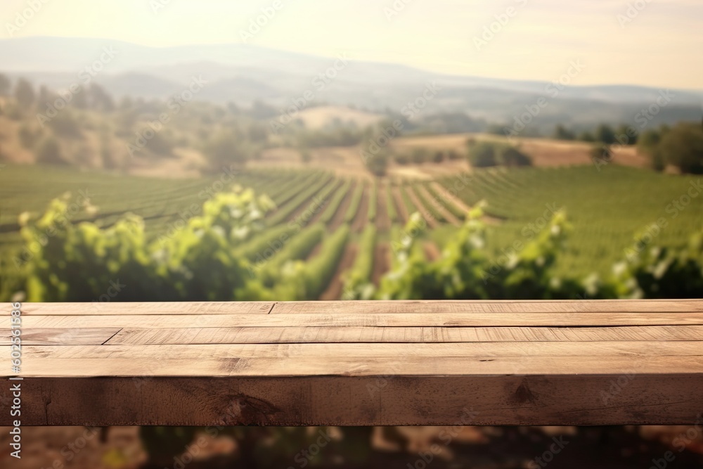 An empty wooden table for product display. Blurred french vineyard in the background. Generative AI. - obrazy, fototapety, plakaty 