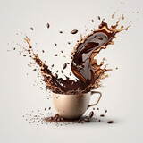Splash coffee and beans from cup, Logo design a white background, Disposable coffee cup icon, AI Generative.