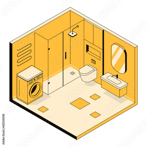 3d modern bathroom interior concept with shower cabin, arrangement of furniture and plumbing. Household items and appliances in the indoor environment. Vector linear isometric illustration, line art