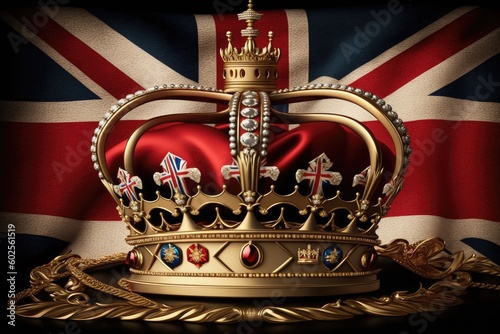 Biritish Crown Jewels, Royal Crown,  United Kingdom Flag, King. Generative Ai.