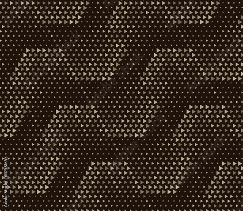 Vector pattern of hexagons and small triangles of different shades of beige, different diameters on a dark background, geometric seamless background, there are seamless fragments under the clipping ma