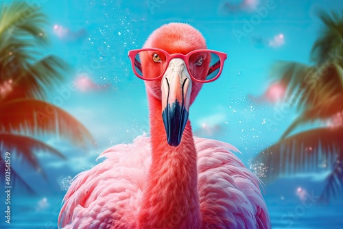 Pink flamingo wearing summer sunglasses. Summer background. Generative AI.