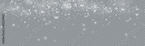 Particles of white magic dust. Shining light particles.Christmas glitter particles. Light effect on a transparent background