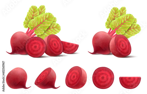 Beetroots isolated on white background. Fresh red beetroot whole, half, quarters and slices with leaves. Realistic 3d vector illustration of vegetarian food. Delicious food for salad, soup, borscht.