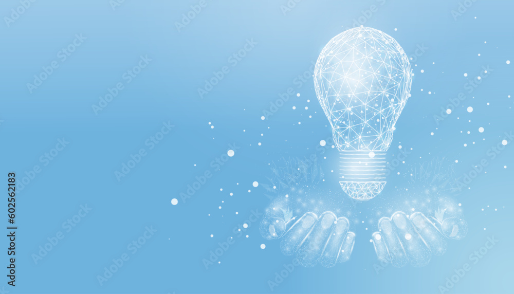 Two human hands hold lightbulb. Wireframe glowing low poly style. Design on blue background. Abstract futuristic vector illustration. - obrazy, fototapety, plakaty 