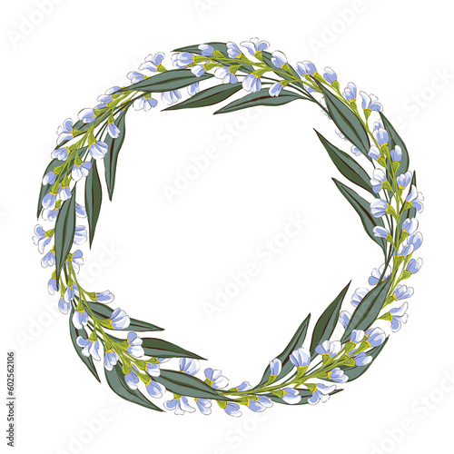 Greenery flowers wreath. Rustic floral circle background, isolated hand drawing illustration. photo