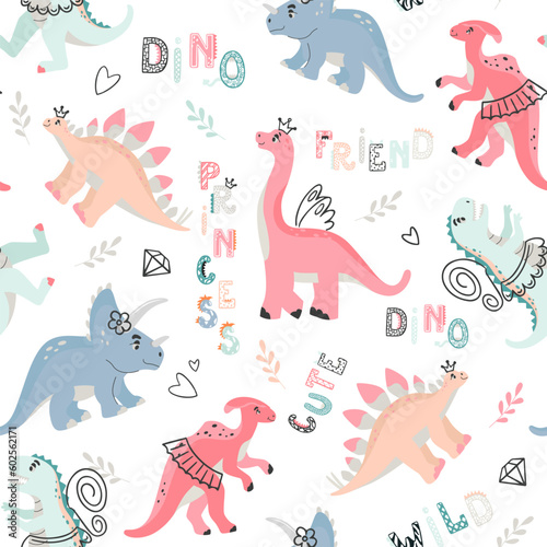 Vector colored seamless repeating pattern for children with cute princess dinosaurs  plants and comic Dino quotes in Scandinavian style on a white background. Baby girl pink pattern with dinosaurs.