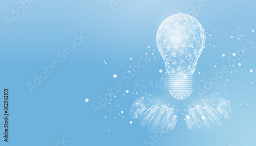 Two human hands hold lightbulb. Wireframe glowing low poly style. Design on blue background. Abstract futuristic vector illustration.