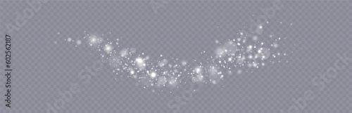 Particles of white magic dust. Shining light particles.Christmas glitter particles. Light effect on a transparent background