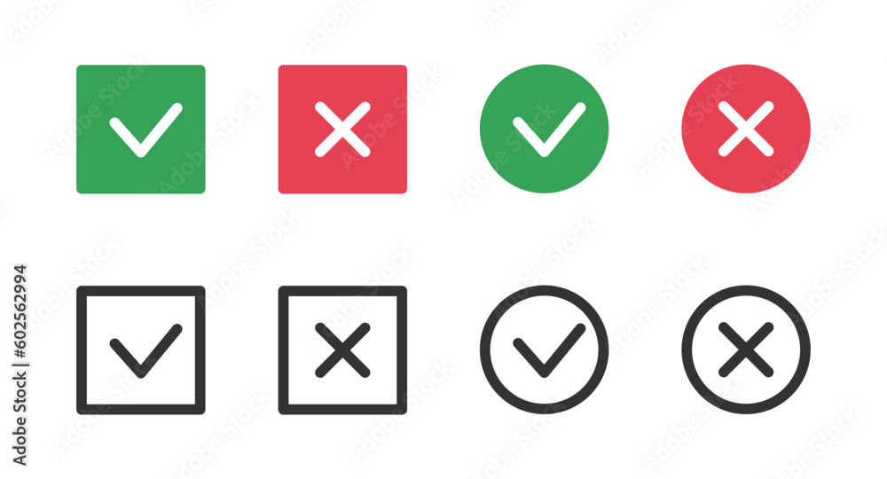 Set of simple icons: green check mark and red cross. Vector illustration. Set of simple icons: green check mark and red cross. Vector illustration.