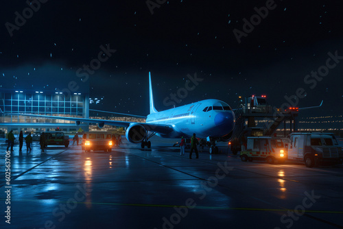 airport at night, inside view looking out at planes. Ai generative
