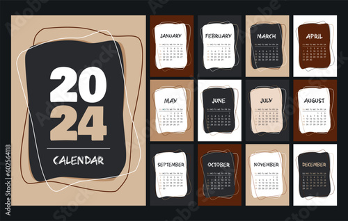 Calendar 2024 template, brown, beige, white and black desk calendar design. Week start On Sunday, planner, stationery, wall calendar. Vector illustration